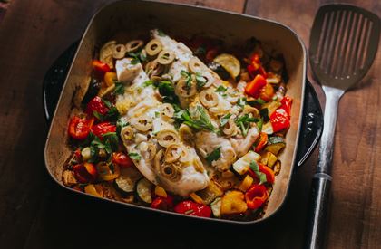 Baked Red Mullet with oven-roast vegetables