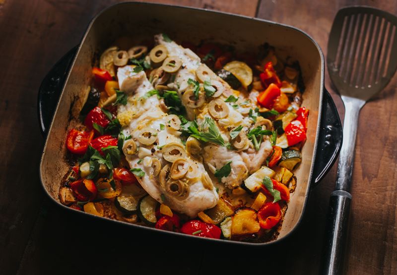 Baked Red Mullet with oven-roast vegetables