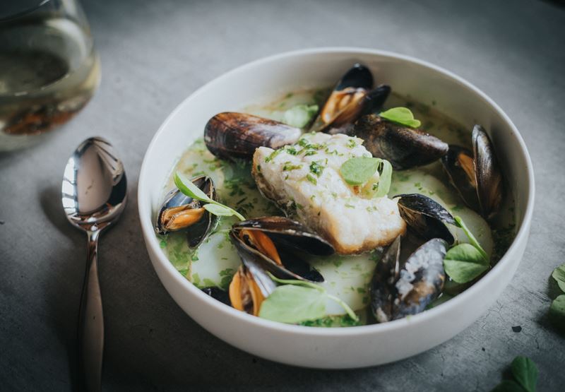 Mitch Tonks' Hake with Green Sauce & Mussels