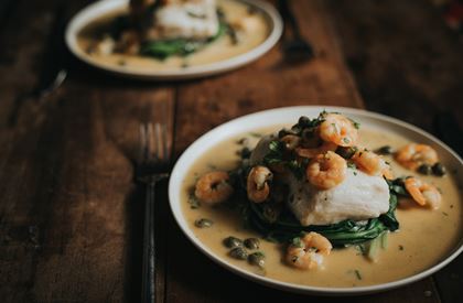 Hake with Prawns and Capers Recipe