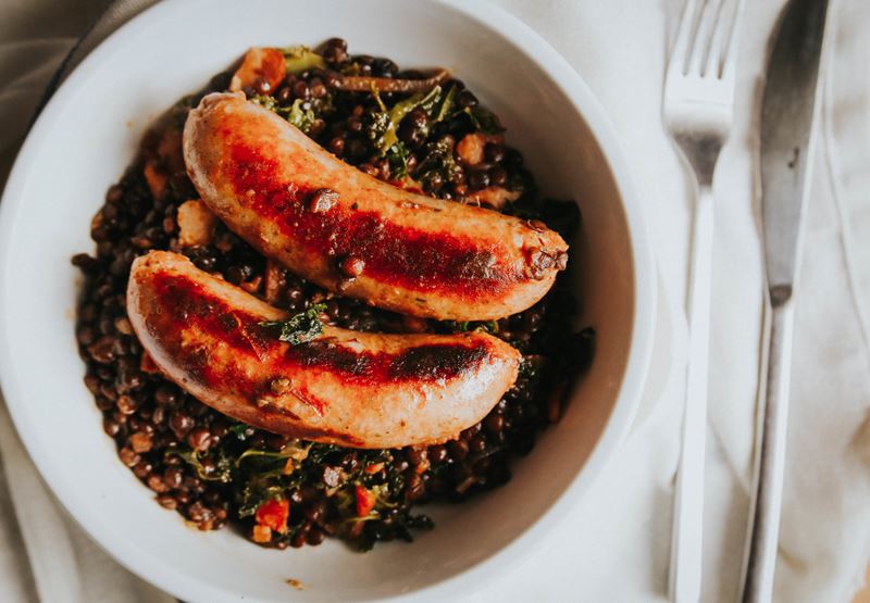 Puy Lentils with Sausages & Streaky Bacon