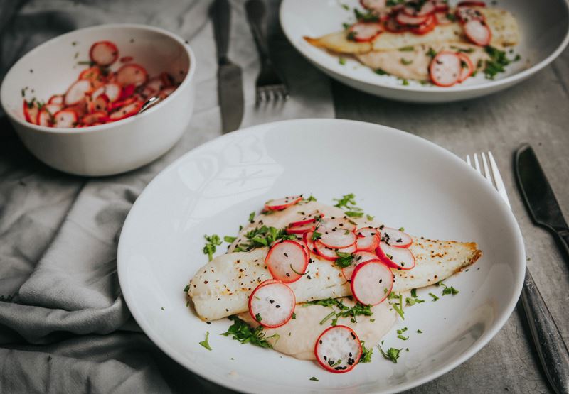 White Fish with Canellini Puree & Pickled Radishes