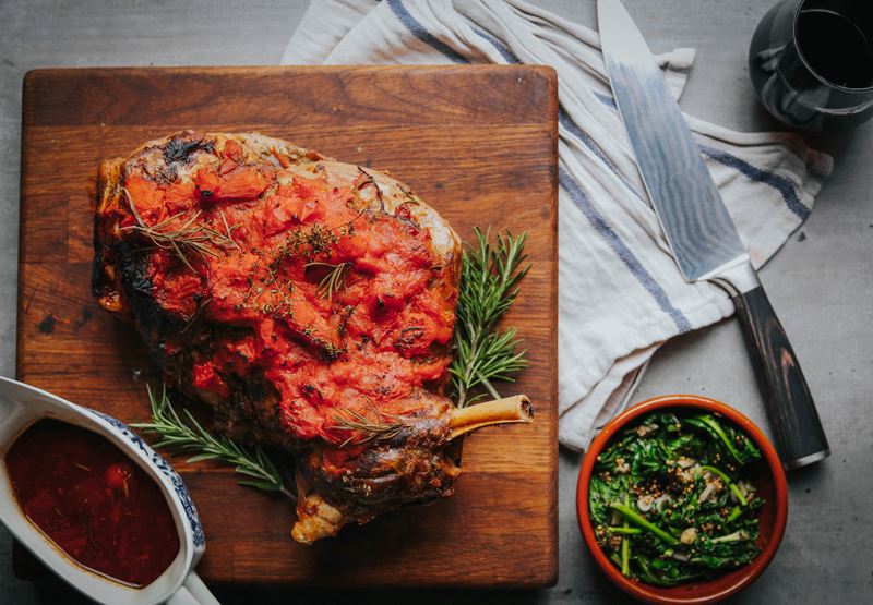 Roast Shoulder of Lamb with Tomato Sauce