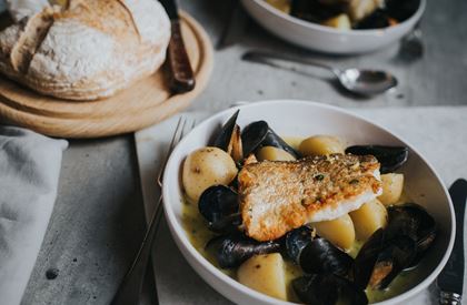Pan-Fried White Fish with Mussels, Cider, Potatoes