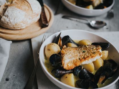Pan-Fried Whiting with Mussels, Cider, Potatoes image