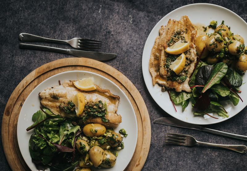 Caper-Dressed Sole with Potato Salad