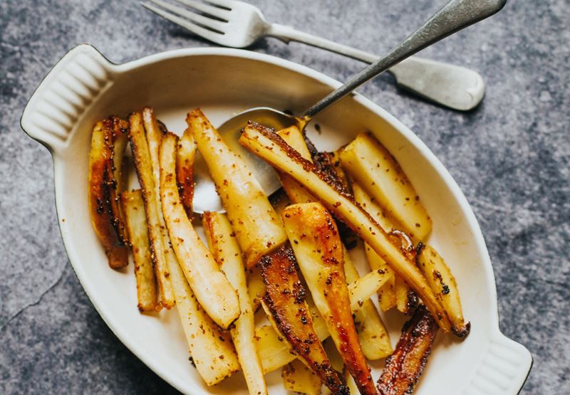 Maple Syrup and Mustard Roast Parsnips