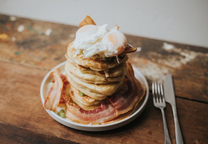 Cheesy Pancake Stacks With Eggs & Bacon