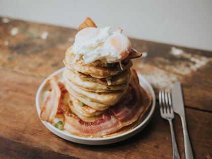Cheesy Pancake Stacks With Eggs & Bacon image