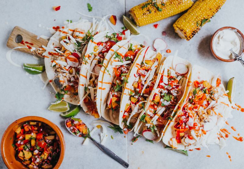 BBQ Hake Tacos with Fresh Peach Salsa