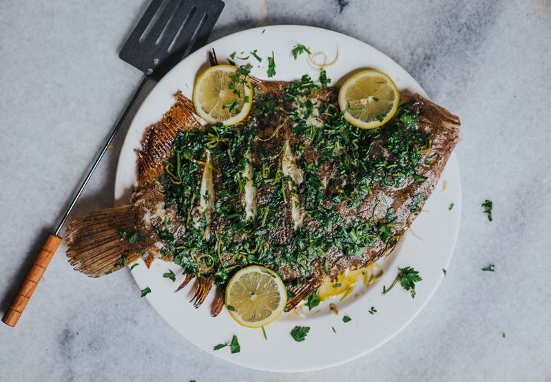 Barbecued Whole Brill with Garlic Butter